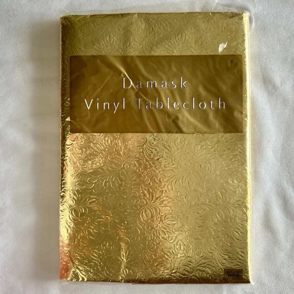 Vtg Gold Vinyl Tablecloth 52x70 Oblong Flannel Back Damask‎ Dayton Hudson New